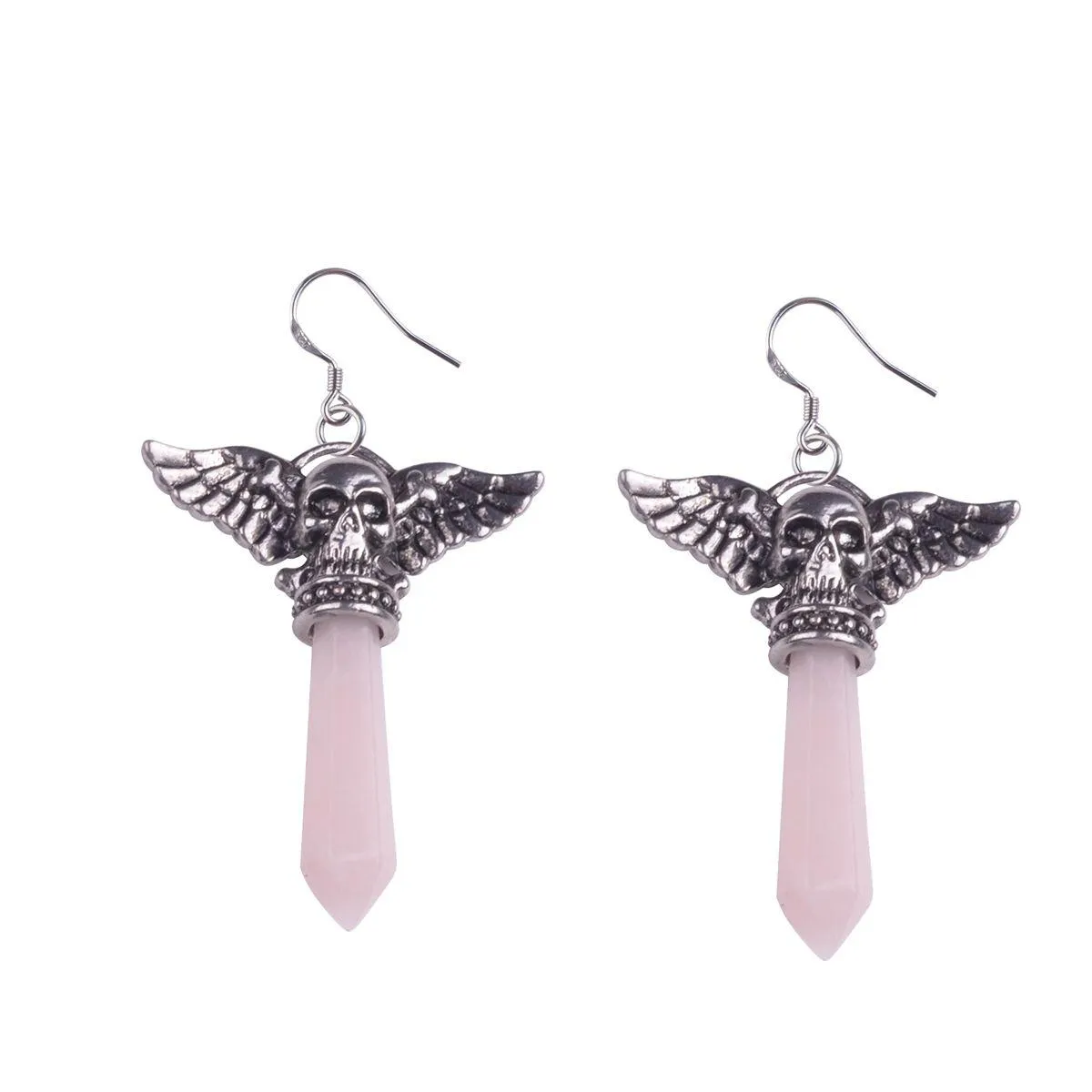 fashionable jewelry silvery skull wings vintage earring healing hexagonal column natural stone crystal earring for women