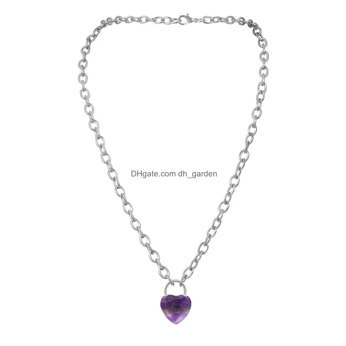 good quality natural crystal gemstone love heart lock charm pendant necklace with alloy chain for men and women