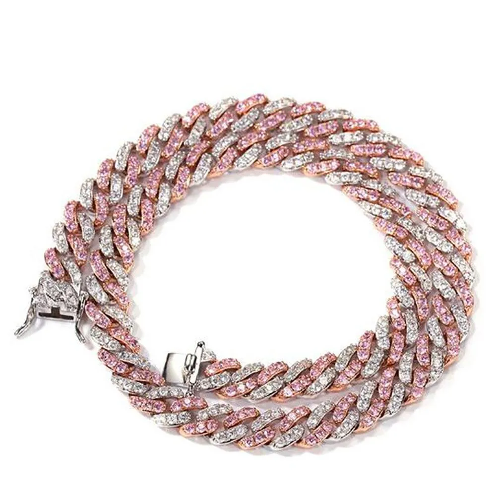 9mm silver pink &rose pink cuban chain necklace &bracelets shining zircon bling 14k white gold plated 7