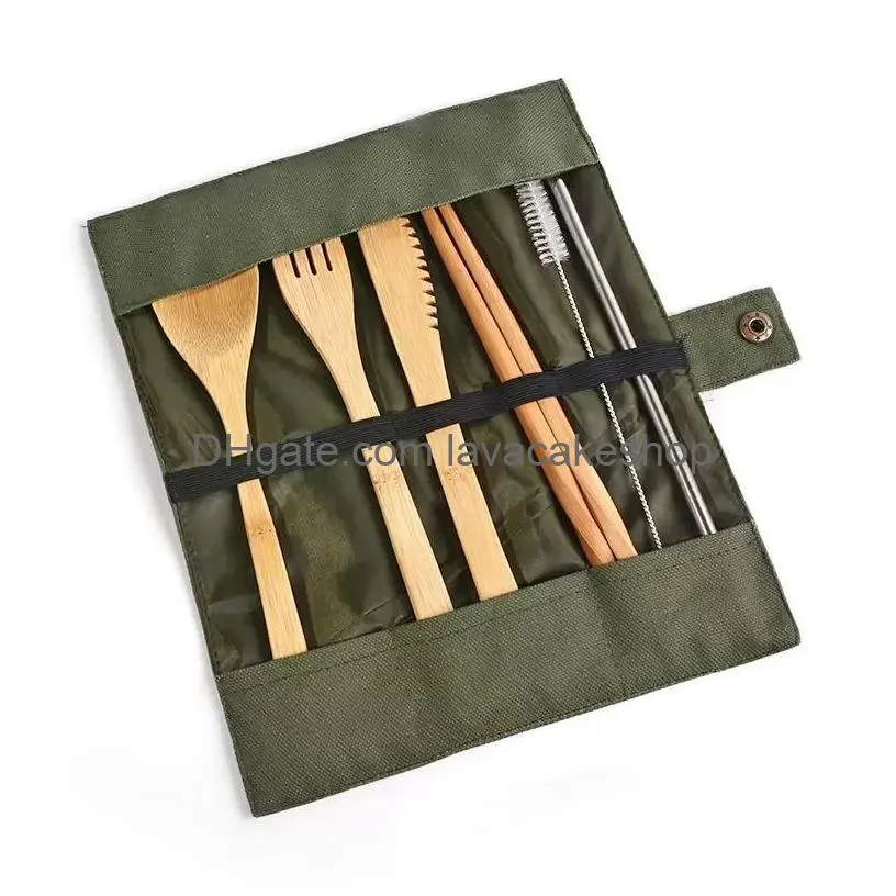 wooden dinnerware set bamboo teaspoon fork soup knife catering cutlery sets with cloth bag kitchen cooking tools utensil 0619