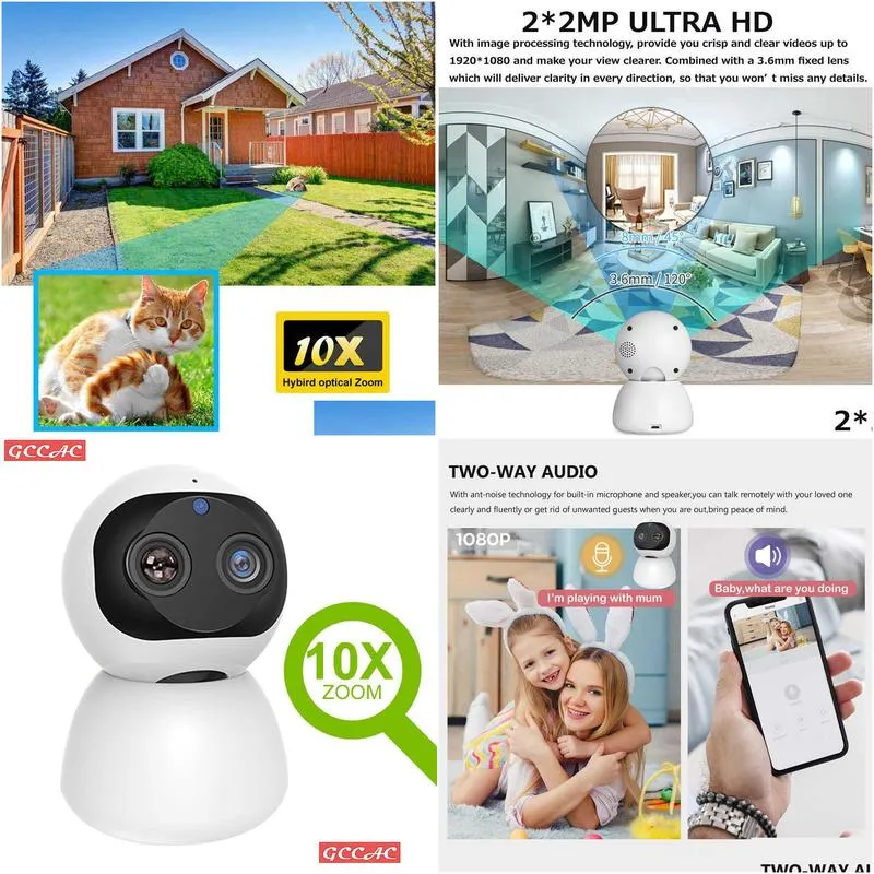 IP Cameras HD 10X Zoom 2 1080P Smart Home WiFi IP Camera Indoor Security Surveillance PTZ CCTV 360 Video Monitor for Baby Nanny Pet Cam