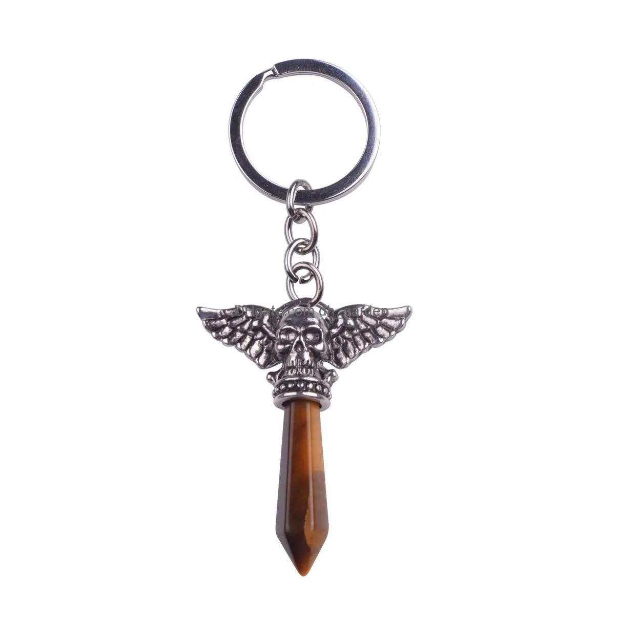 wholesale vintage skull wings pendant keychain hexagonal column natural healing crystal gemstone pendant key ring