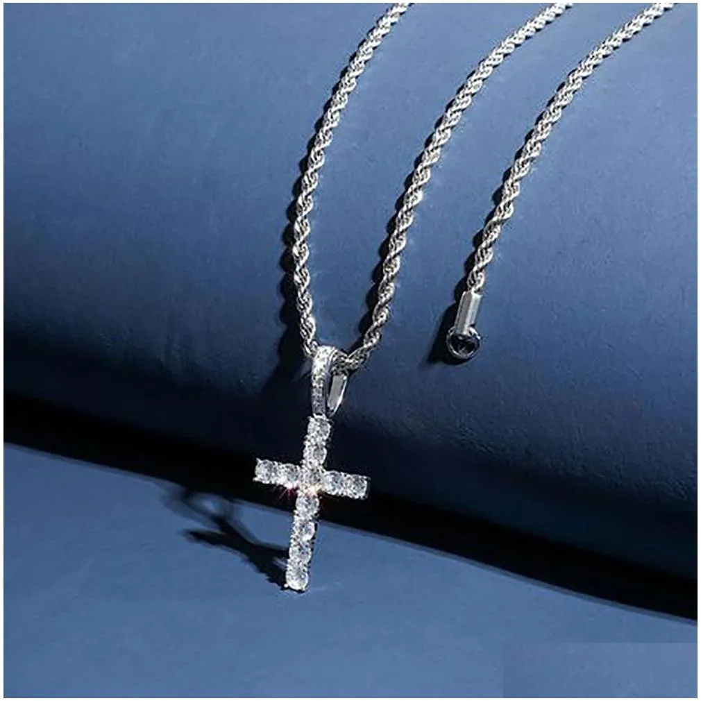 14k gold plated 925 sterling silver white clear diamond cz cross pendant necklace with 3mm 18inch rope chain 42mmx22mm