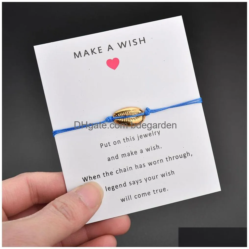 new gold cowrie shell charm wrap bracelet with make a wish gift card for women delicate rope chain simple bohemian beach jewelry