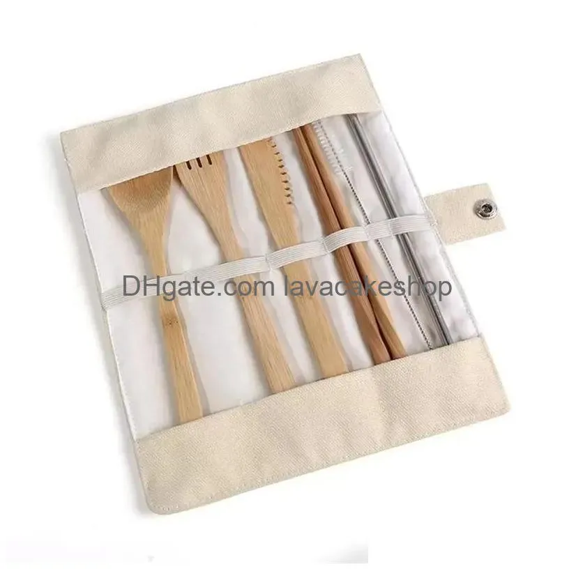wooden dinnerware set bamboo teaspoon fork soup knife catering cutlery sets with cloth bag kitchen cooking tools utensil 0619