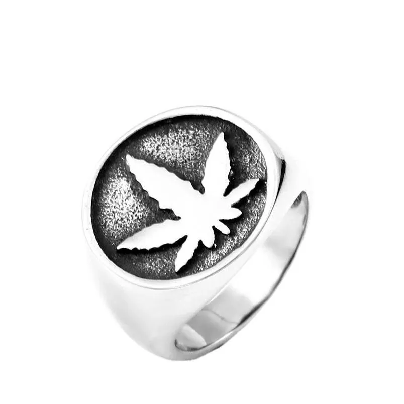 stainless steel retro antique silver maple leaf rings ancient punk gothic hip hop biker plant leaves jewelry high polishing