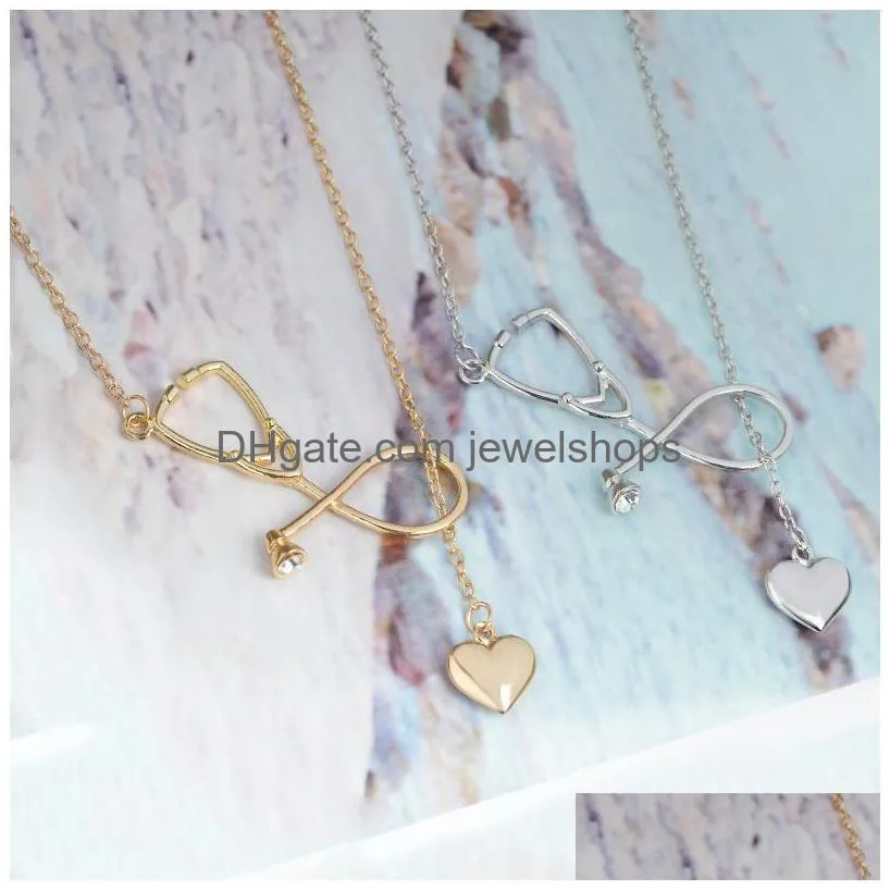 fashion simple heart stethoscope necklaces for women doctor nurse medical pendant gold silver chain jewelry gift