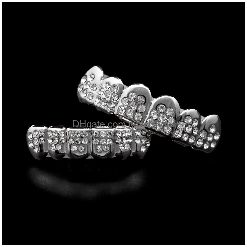hip hop gold silver 8 diamond teeth grillz set bling iced out false dental grills for women & men s hiphop body jewelry accessories