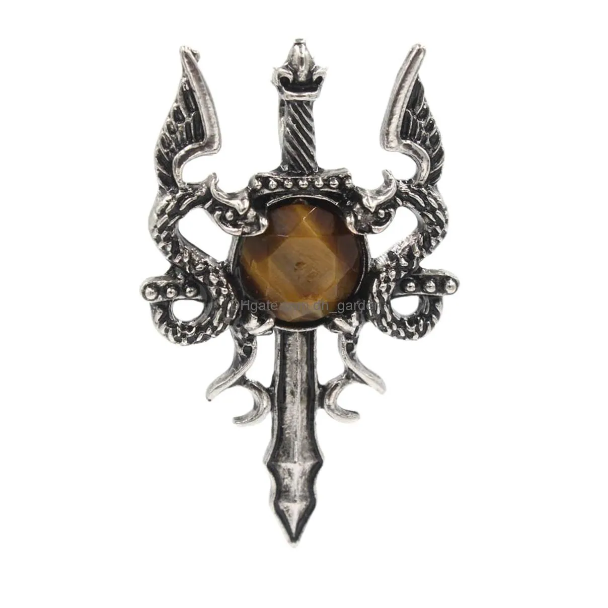 vintage alloy dragon charm pendant hexagonal column and beads shaped tiger eye gemstone pendant for jewelry making