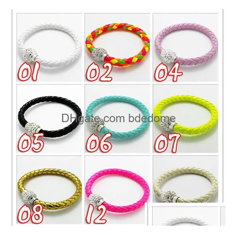 2016 new braided bracelets pu leather magnetic button bracelet cz disco crystal bead bangle multicolor handcraft gift