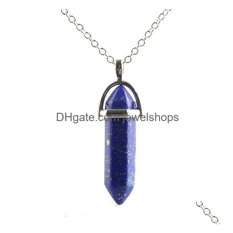 fashion natural stone gun bullet necklaces crystal quartz hexagonal healing pendant stainless steel chain for women fashion jewelry