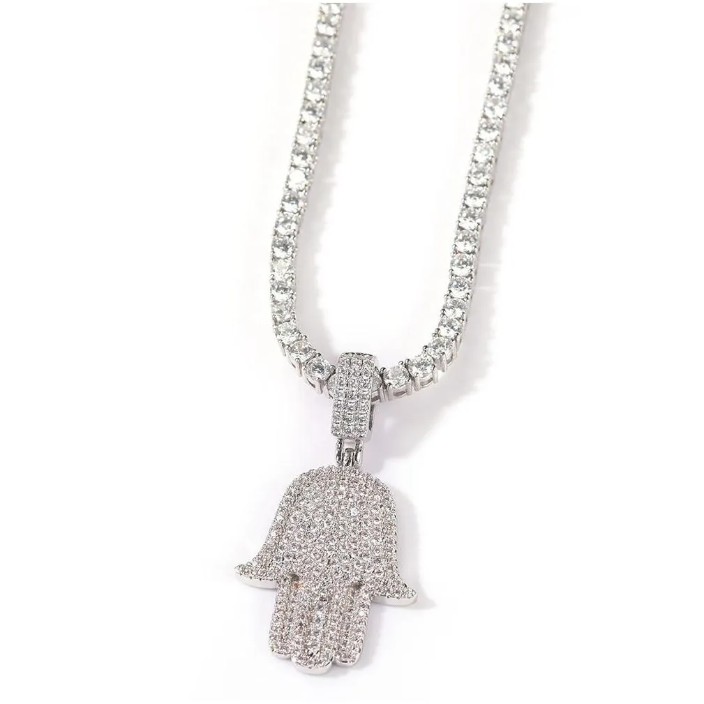 diamond hamsa hand evil eye pendant real icy choker necklace yellow gold men women hiphop jewelry