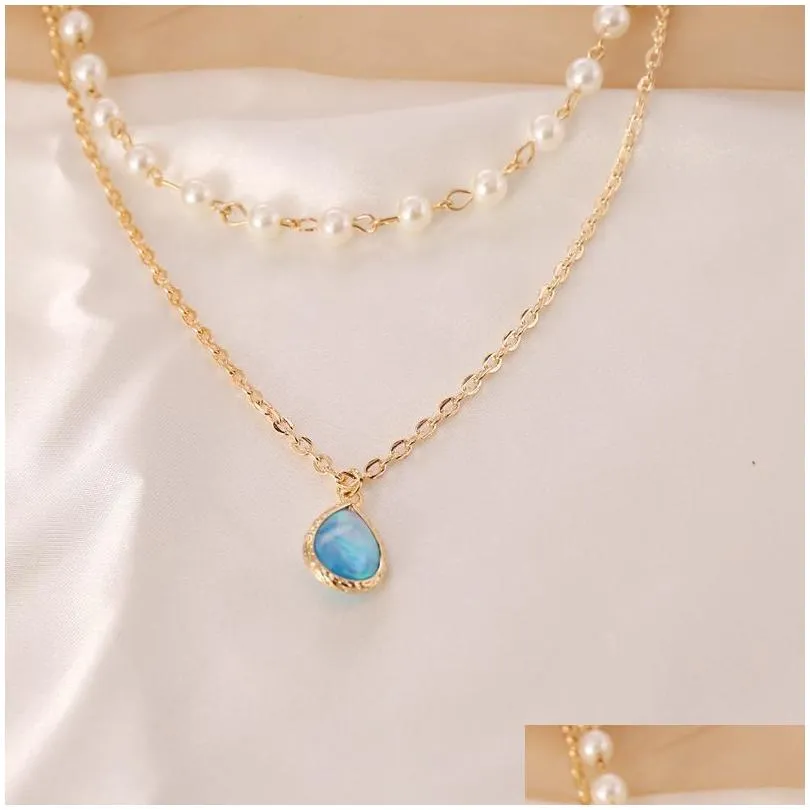 Elegant Imitation Pearl Water Drop Semi-precious Stone Pendant Necklace Women Vintage Geometric Clavicle Necklaces Jewelry Gift