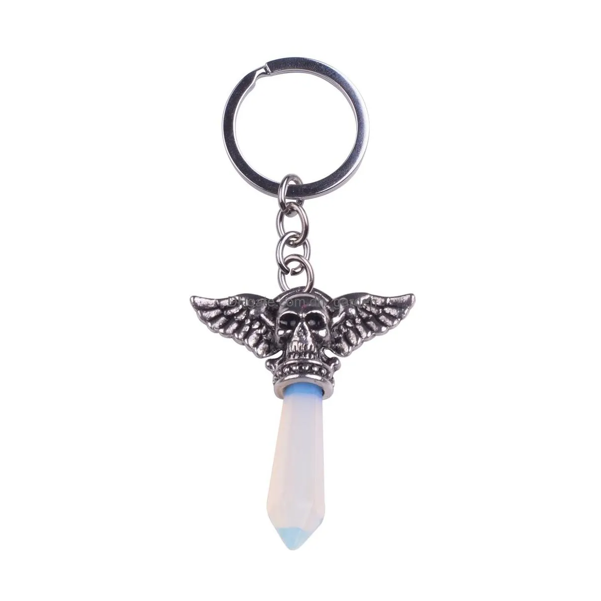 wholesale vintage skull wings pendant keychain hexagonal column natural healing crystal gemstone pendant key ring