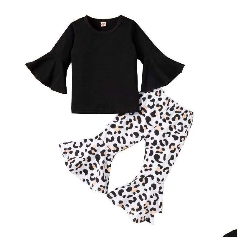 New ins girls two piece sets black flare sleeve top and leopard print pants for small and medium toddler clothes kids designer