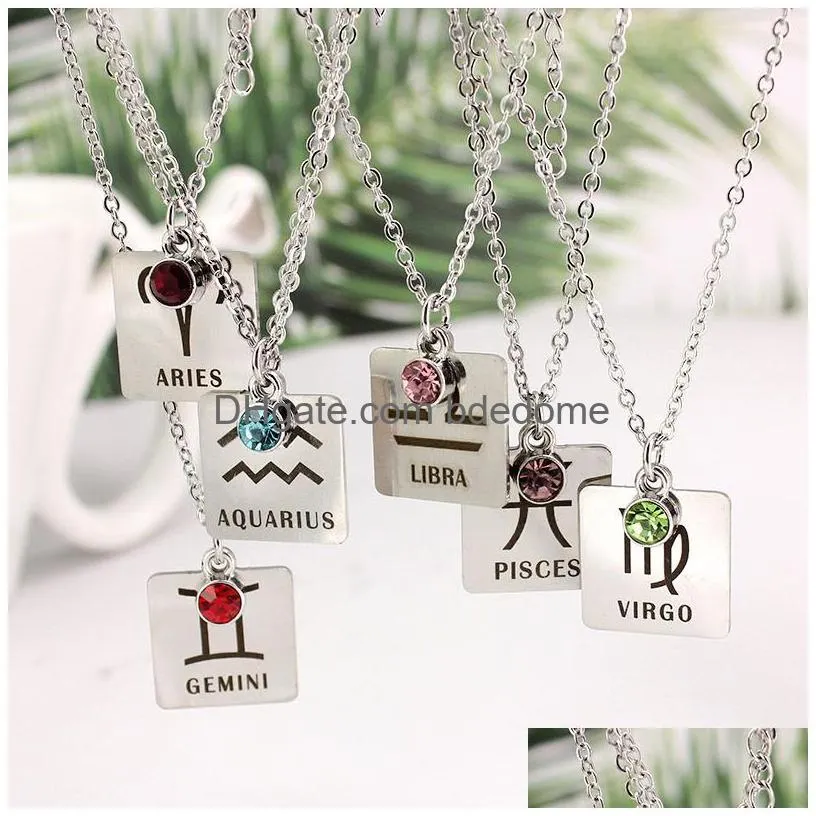 new birthstone necklace women 12 zodiac constellations stainless steel dog tag pendant silver chain for men s birthday fashion jewelry