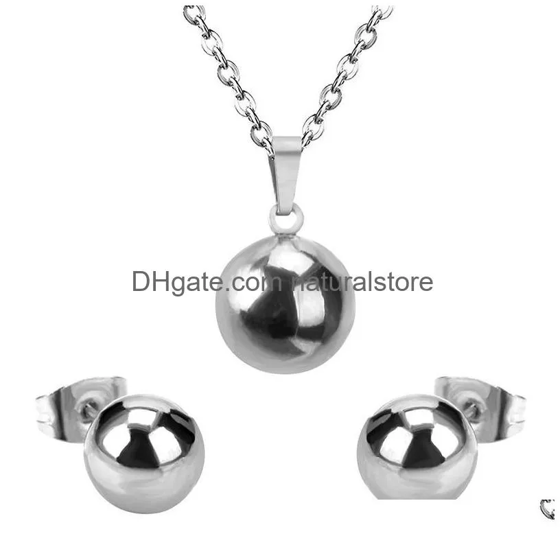 gold silver ball round stainless steel wedding jewelry set women party pendant necklace earrings sets