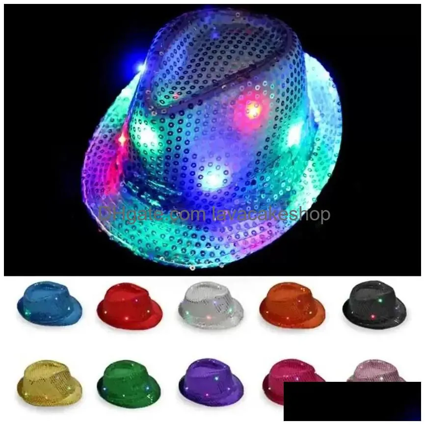 led jazz party hats flashing light up led fedora trilby sequins caps fancy dress dance party hats unisex hip hop lamp luminous hat