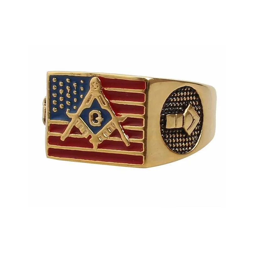mens stainless steel 18k gold plated colorful epoxy american flag rings freemasonry masonic logo engraved