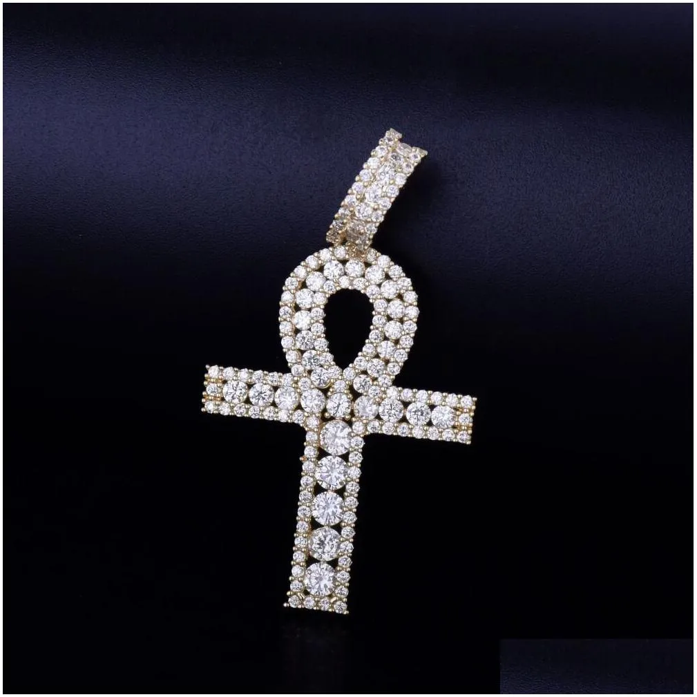 hip hop zircon egyptian ankh pendant necklace with 24inch rope chain copper cross charm for men women gifts jewelry