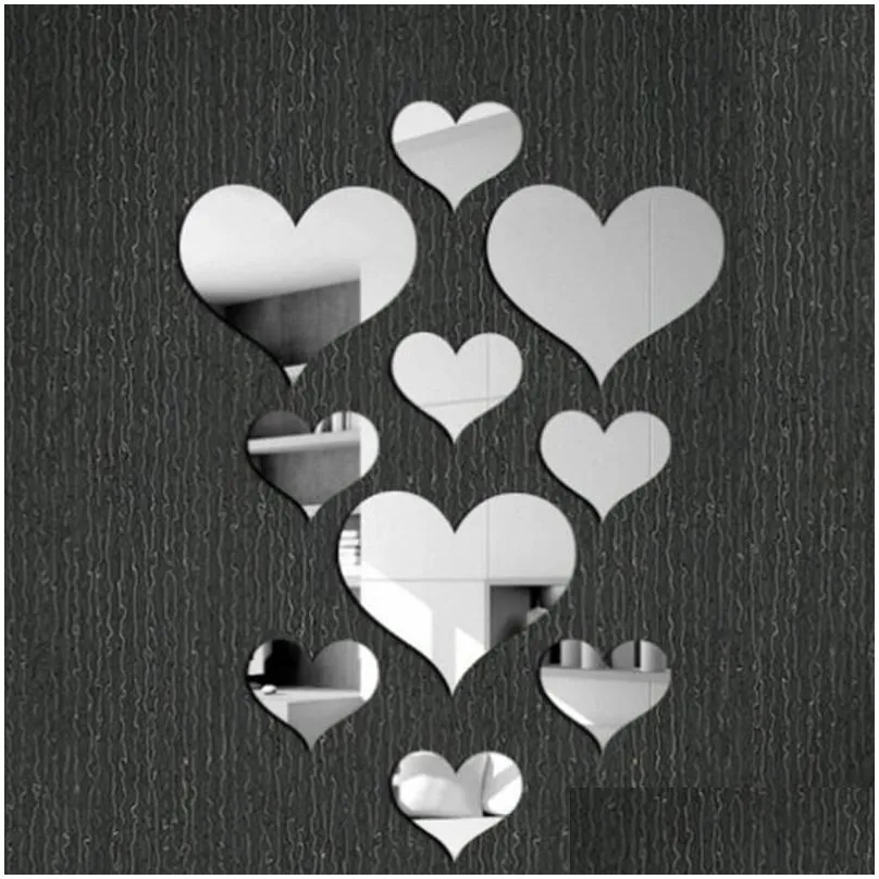 Mirrors 10Pcs/Set Durable Love Heart Stickers Wall Sticker Mirror Mural 3D Decal Simple DIY Decorative Removable Paster Home