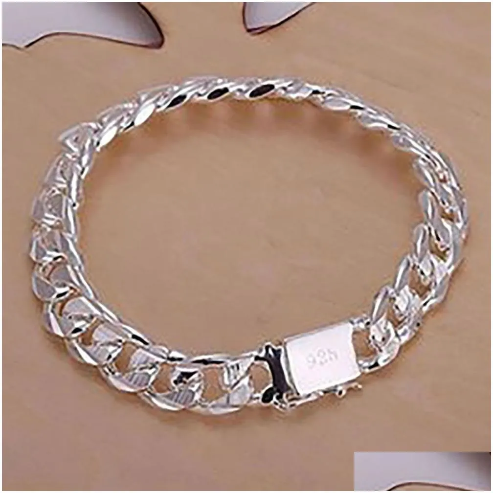 wholesale 925 sterling silver 10mm charm chains 8`` bracelet bangle wedding party gift box fashion jewelry square lock bracelets