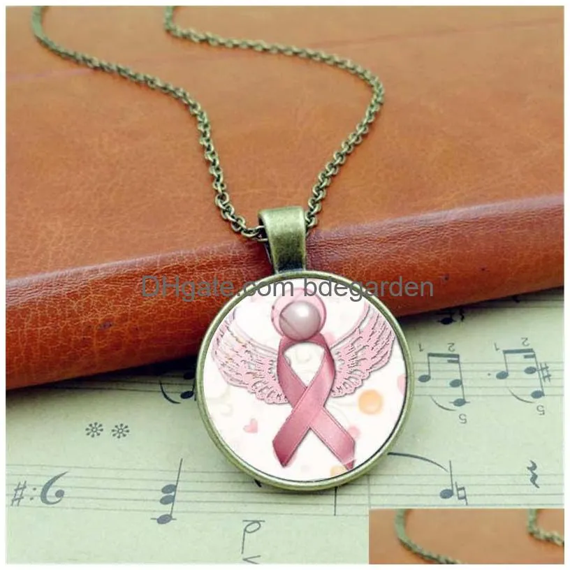 new arrival pink ribbon glass gemstone pendant necklaces breast cancer awareness necklace for women&men`s fashion jewelry