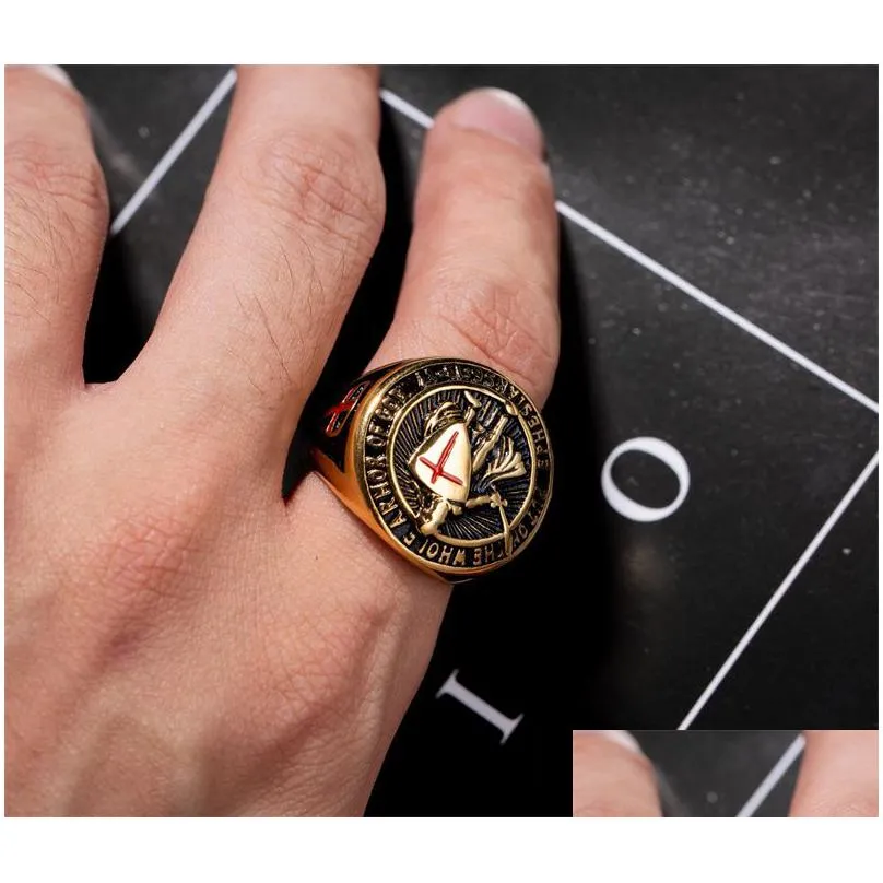 knights templar crusader emblem masonic cross rings jewel stainless steel gold red enamel men ring sword shield ephesians armour of god