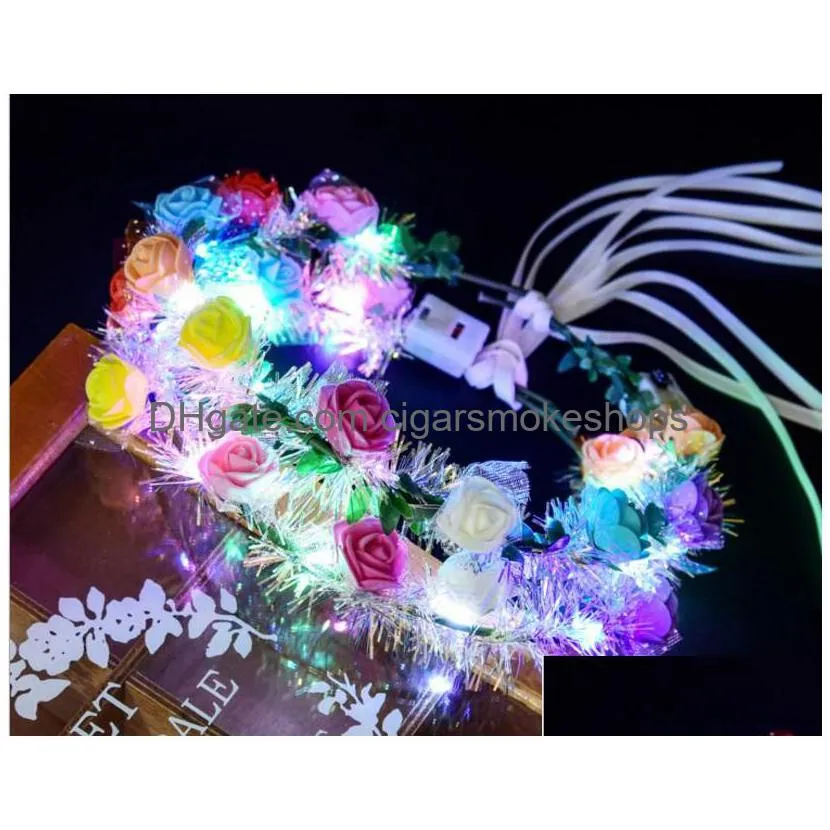 flowerlume led garland headband - silk gold, colorful lights, ribbon & rattan wreath for weddings, festivals & parties