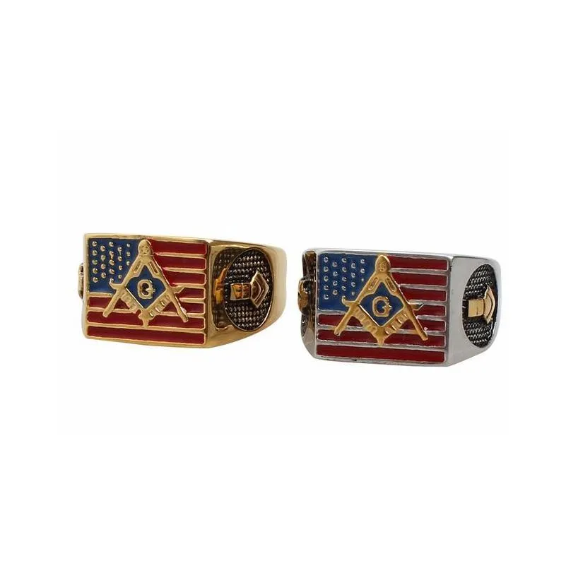 mens stainless steel 18k gold plated colorful epoxy american flag rings freemasonry masonic logo engraved