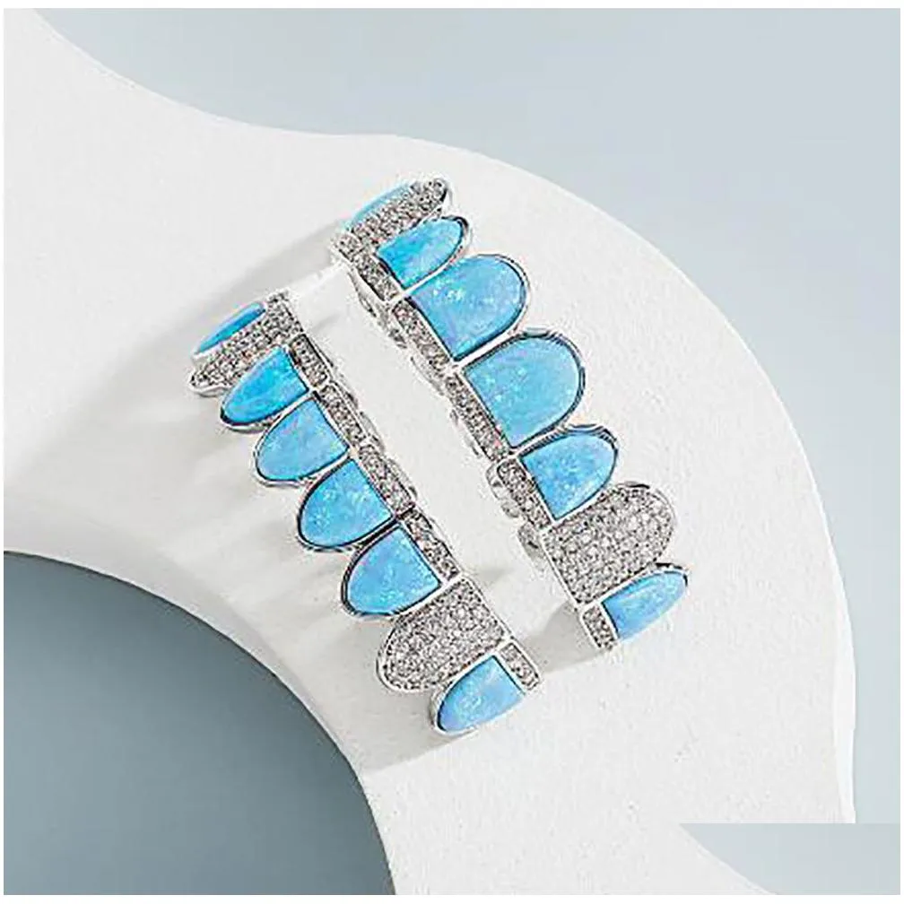 14k cz vampire teeth grillz iced out micro pave cubic zircon blue opal 8 tooth hip hop grill top bottom mouth grills set with silicon molding