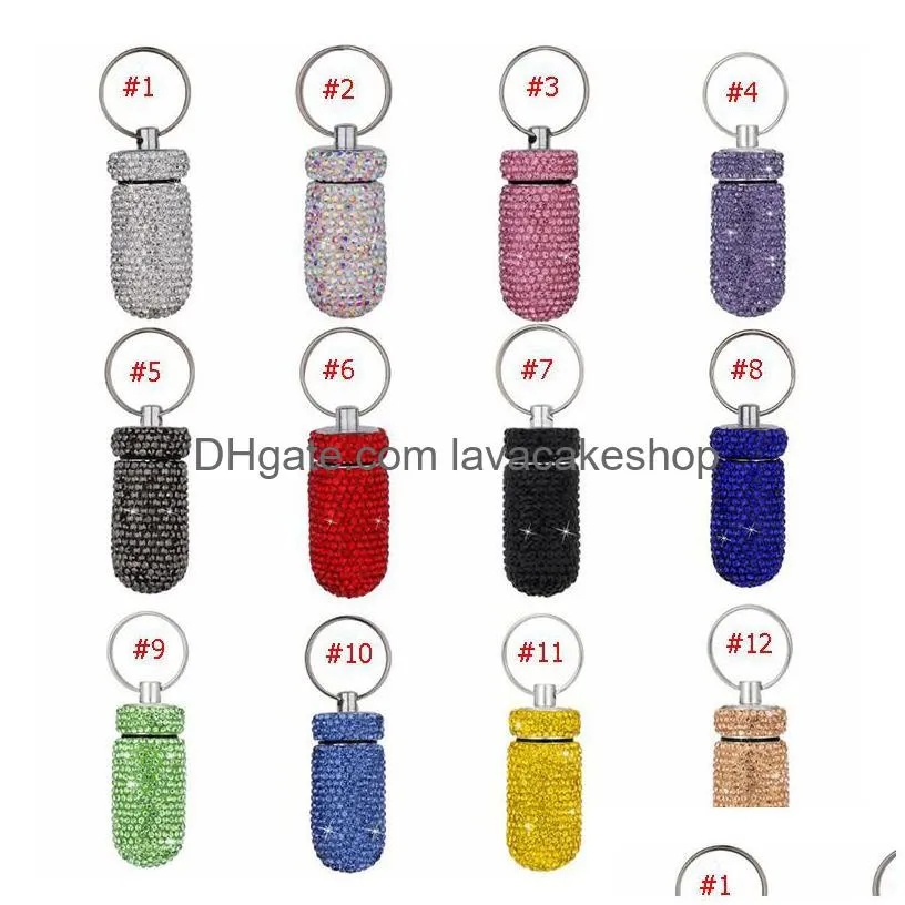 diamond small medicine bottle keychains portable waterproof aluminum alloy medicine tank storage box