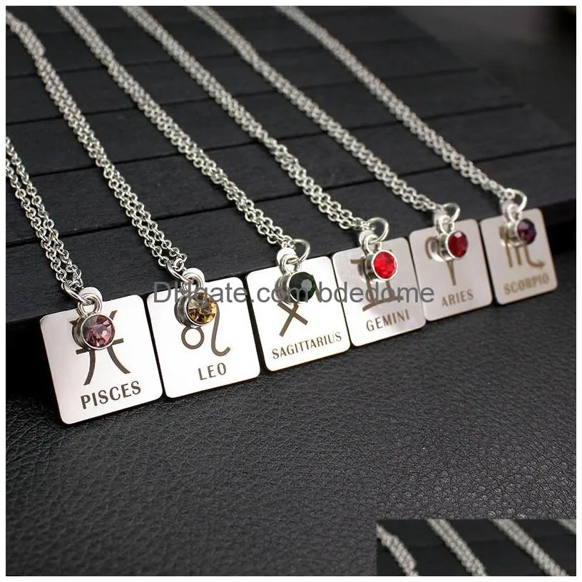 new birthstone necklace women 12 zodiac constellations stainless steel dog tag pendant silver chain for men s birthday fashion jewelry