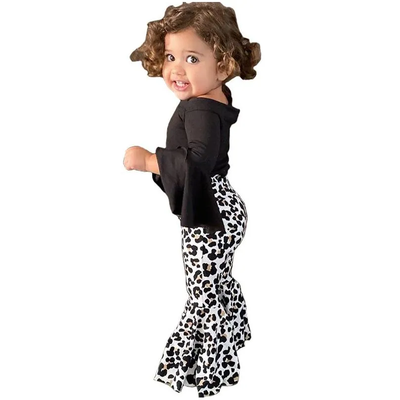 New ins girls two piece sets black flare sleeve top and leopard print pants for small and medium toddler clothes kids designer