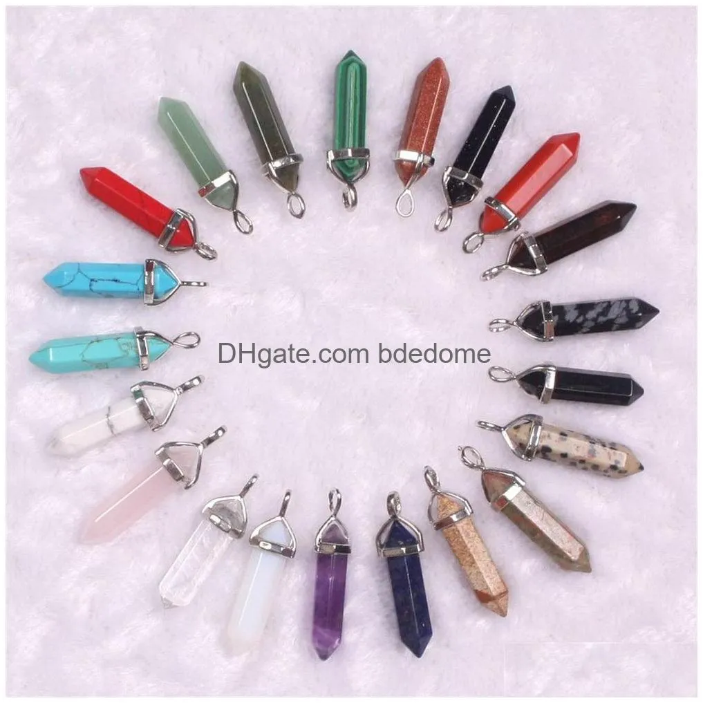 bullet quartz point pendant necklace hexagonal prism crystal agate turquoise lava rock natural stone charm stainless steel chain