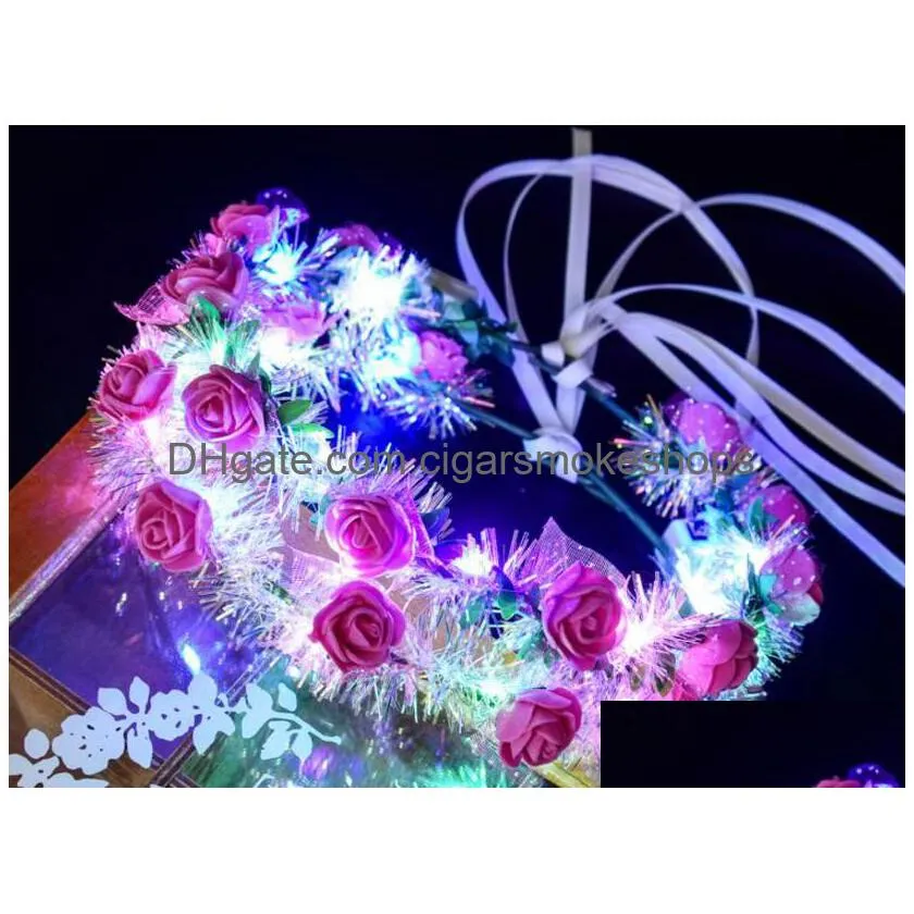 flowerlume led garland headband - silk gold, colorful lights, ribbon & rattan wreath for weddings, festivals & parties
