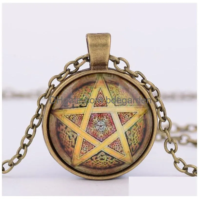 fashion vintage mysterious pentagram circle glass lockets pendant necklaces for women and men unisex witchcraft necklace jewelry gift