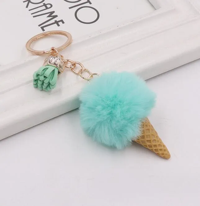 Faux Fur Ice Cream Pendant Key chain Cute Cartoon Keychains Plush Furry Bags Hang Cone CarTassel Keyring Creative Gift