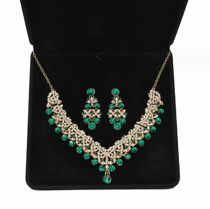 Color Crystal Jewelry Sets Wedding Necklace Earrings Set For Brides Party Costume Accessories Women Pageant