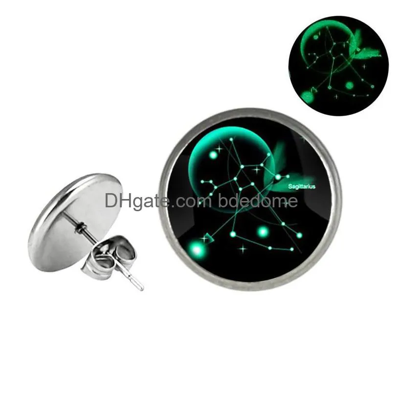 glow in the dark 12 zodiac sign stud earrings for women glass constellation stainless steel hypoallergenic silver ear rings fashion