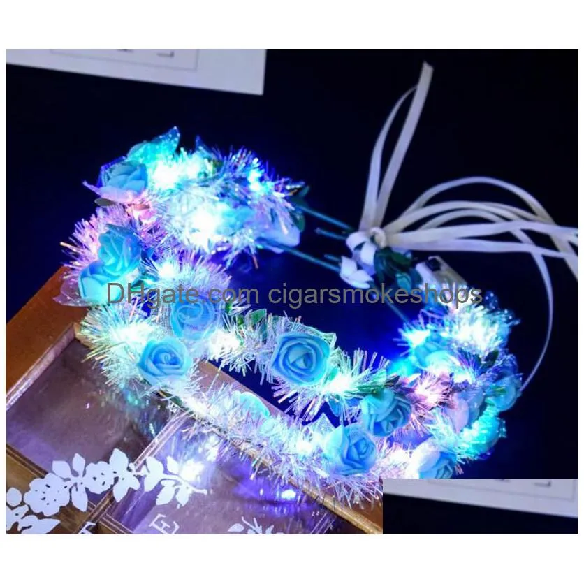 flowerlume led garland headband - silk gold, colorful lights, ribbon & rattan wreath for weddings, festivals & parties