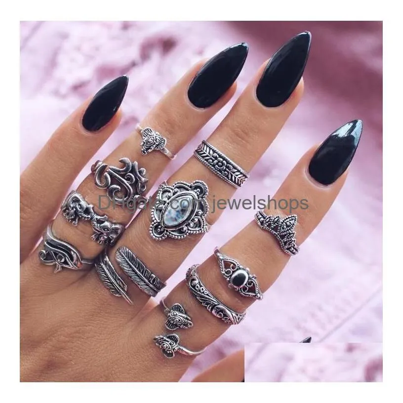 boho midi knuckle finger rings sets for women beach opal crystal crescent ancient silver geometric rings bohemian fashion jewelry in