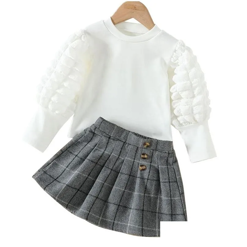 New girls` skirt two piece set designer kids clothes bubble sleeve top woven plaid kirt shorts set European and American style childrens