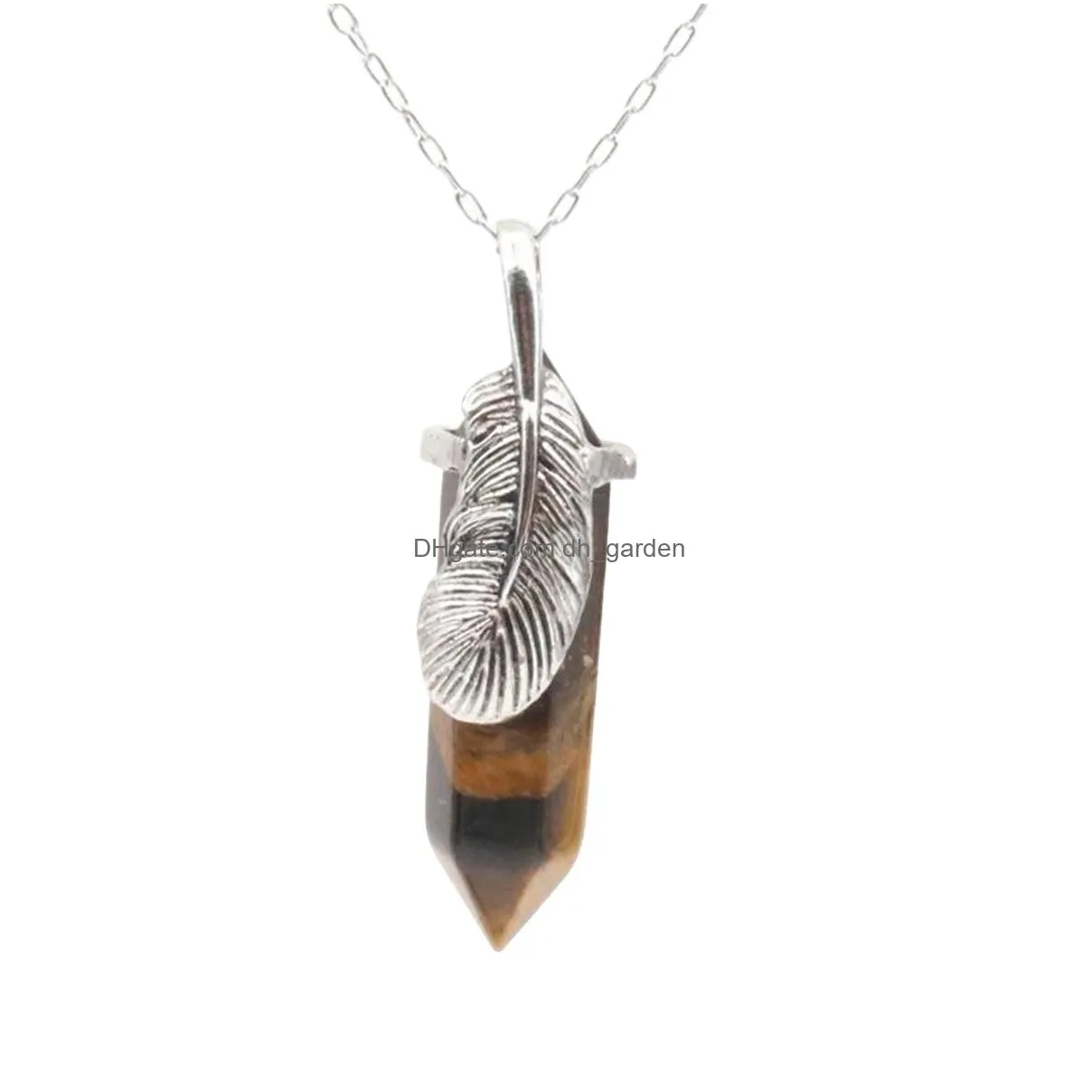 hexagonal natural quartz stone pendant necklace retro copper feather natural gemstones point charms necklace