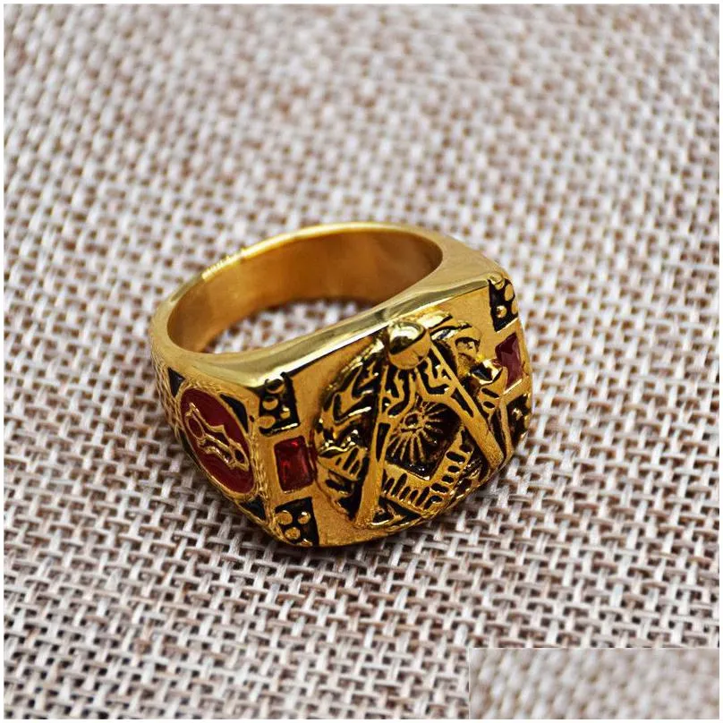 18k gold plating unique design ring 316 stainless steel men`s ring freemason jewel items masonic regalia rings with red stone and