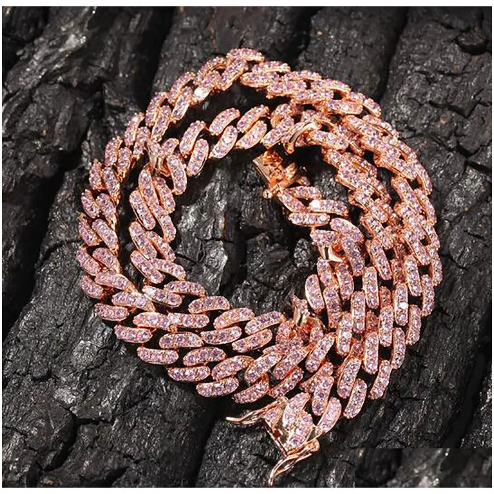 9mm silver pink &rose pink cuban chain necklace &bracelets shining zircon bling 14k white gold plated 7