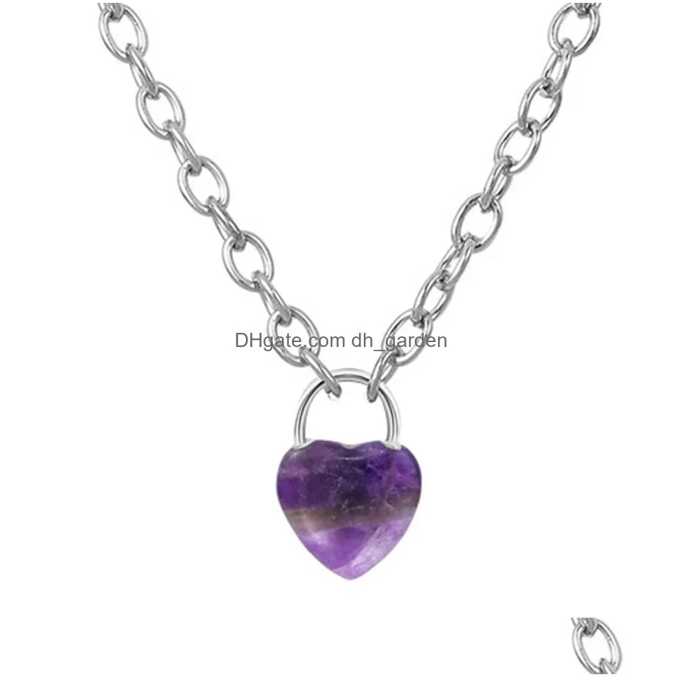 good quality natural crystal gemstone love heart lock charm pendant necklace with alloy chain for men and women