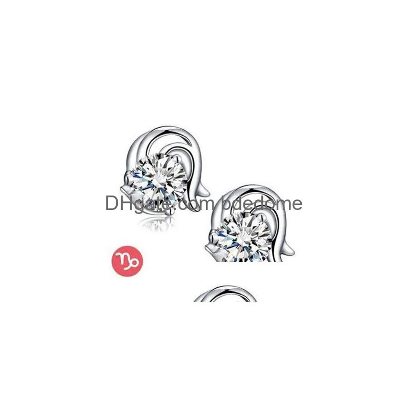 luxury twelve constellations silver plated stud earrings cz cubic zirconia diamond zodiac earrings for women ladies fashion jewelry