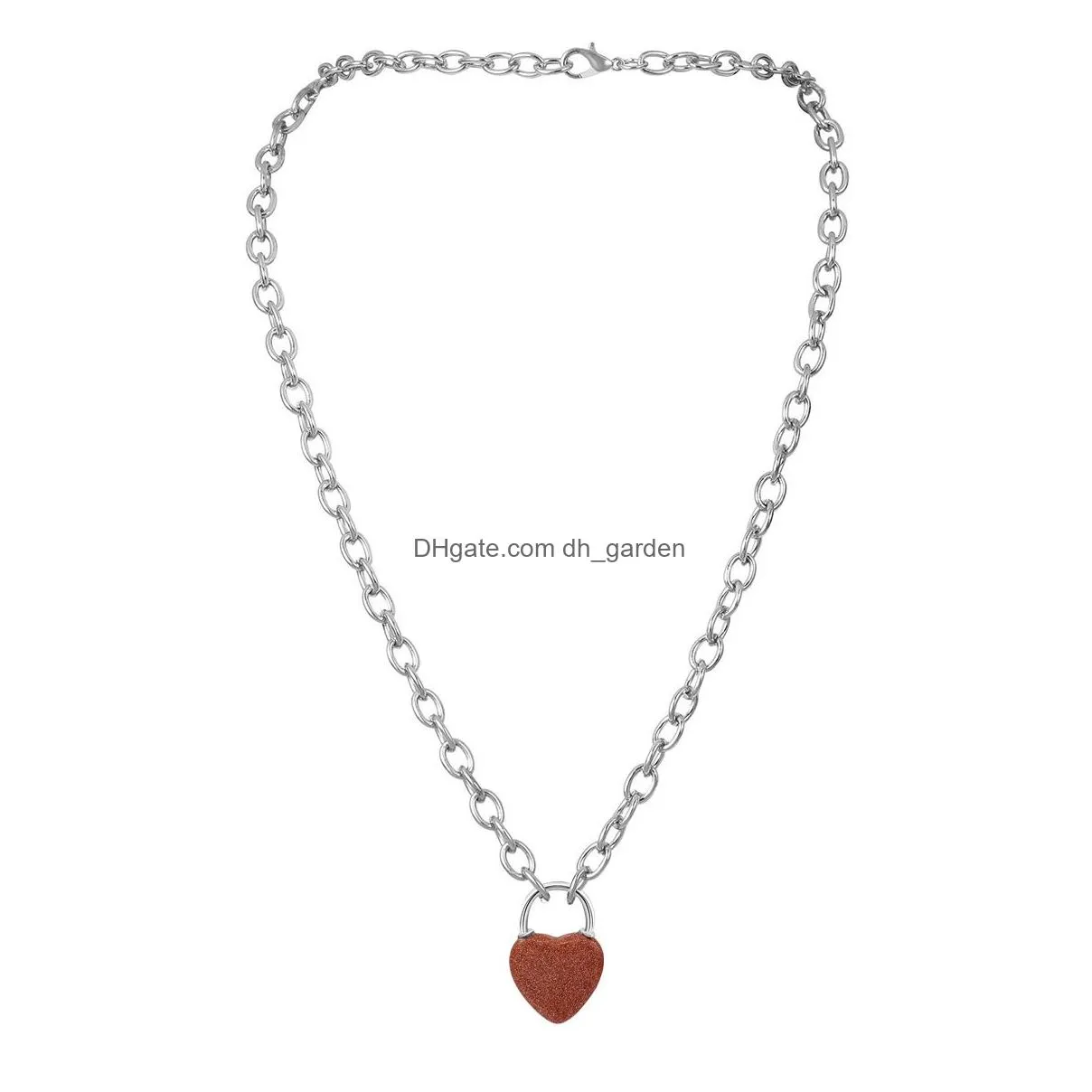 good quality natural crystal gemstone love heart lock charm pendant necklace with alloy chain for men and women