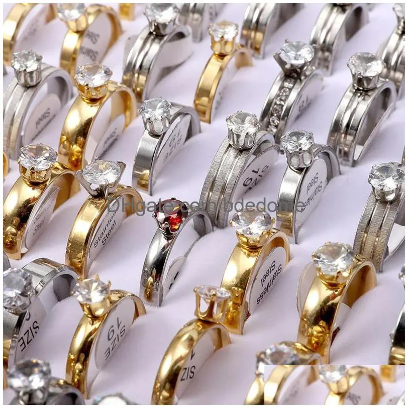 wholesale trendy zircon solitaire rings for women wedding engagement bride stainless steel ring jewelry in bulk mix color and size